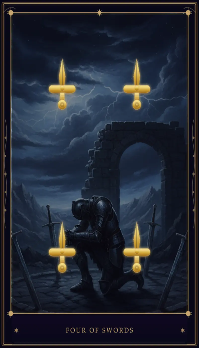 Cuatro de Espadas: Significado en Tarot, Interpretación y Guía Completa