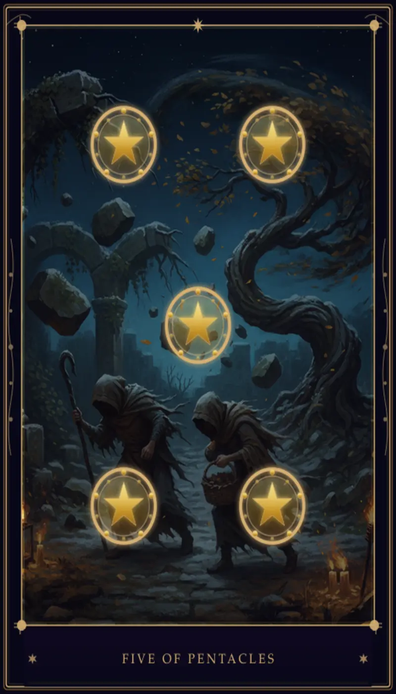 Five of Pentacles Tarot Card Meaning - Upright & Reversed